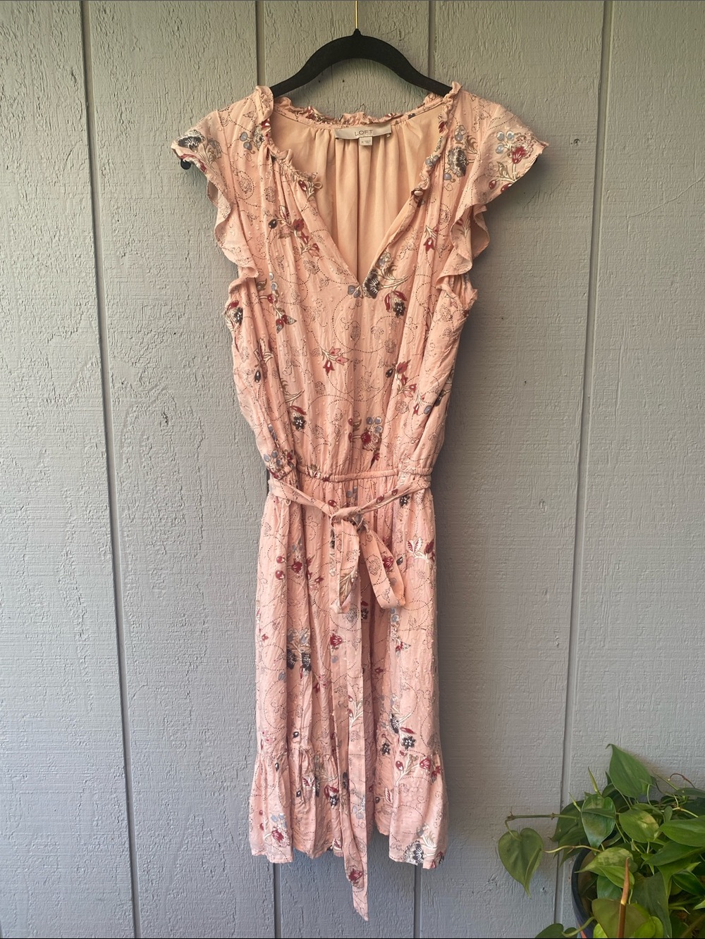 LOFT Blush Pink Floral Ruffled Midi Dress